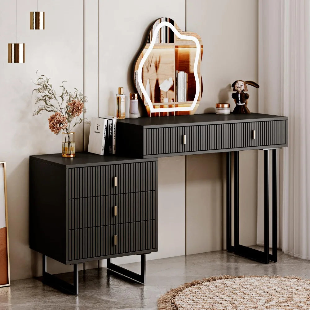 2024 New Modern Vanity Table, Retractable Makeup Dressing Table with Nightstand & Lighted Mirror