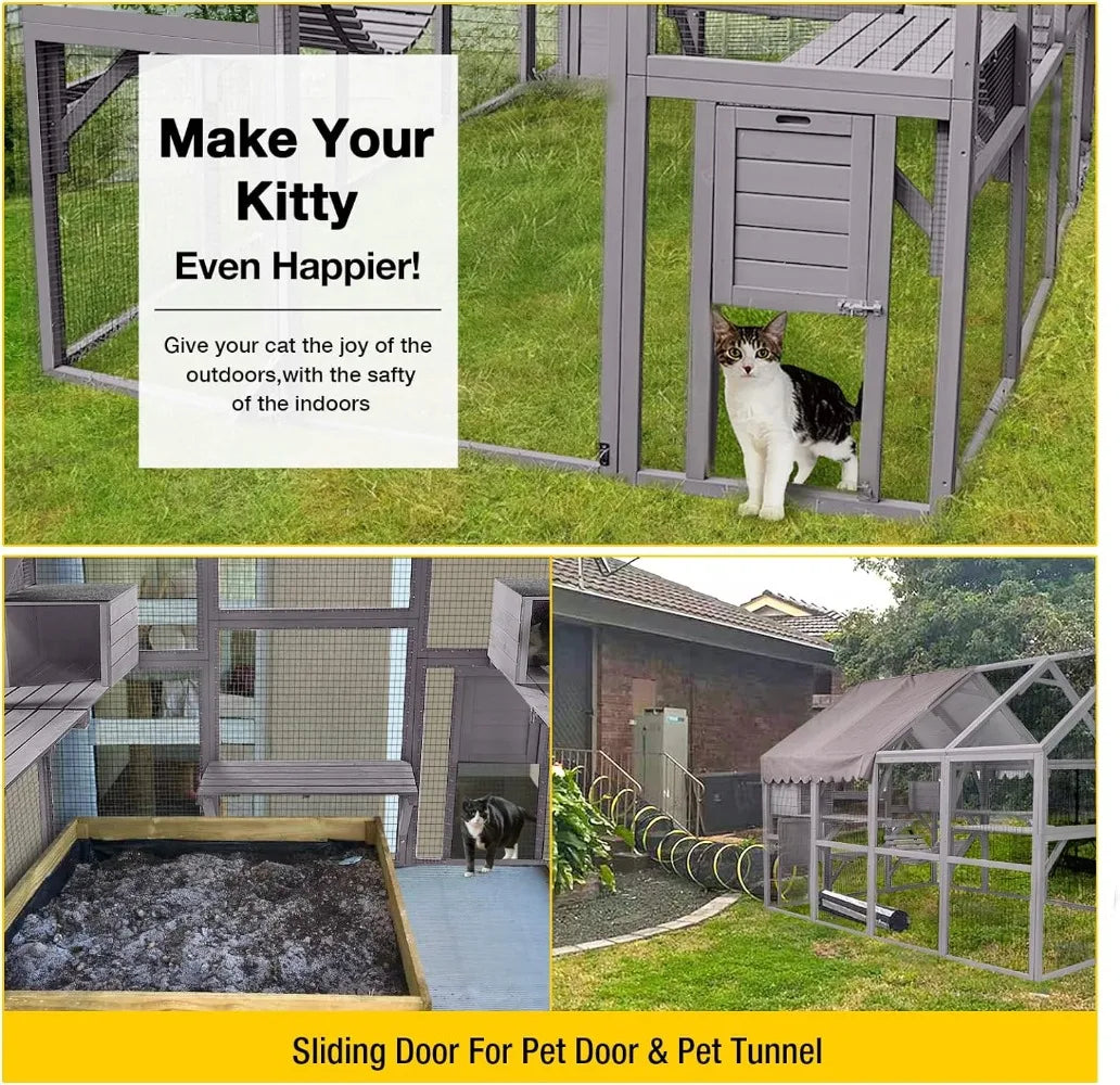 Catio Large Cat Run w/Bridges, Walks, Small Houses, Roof Cover.