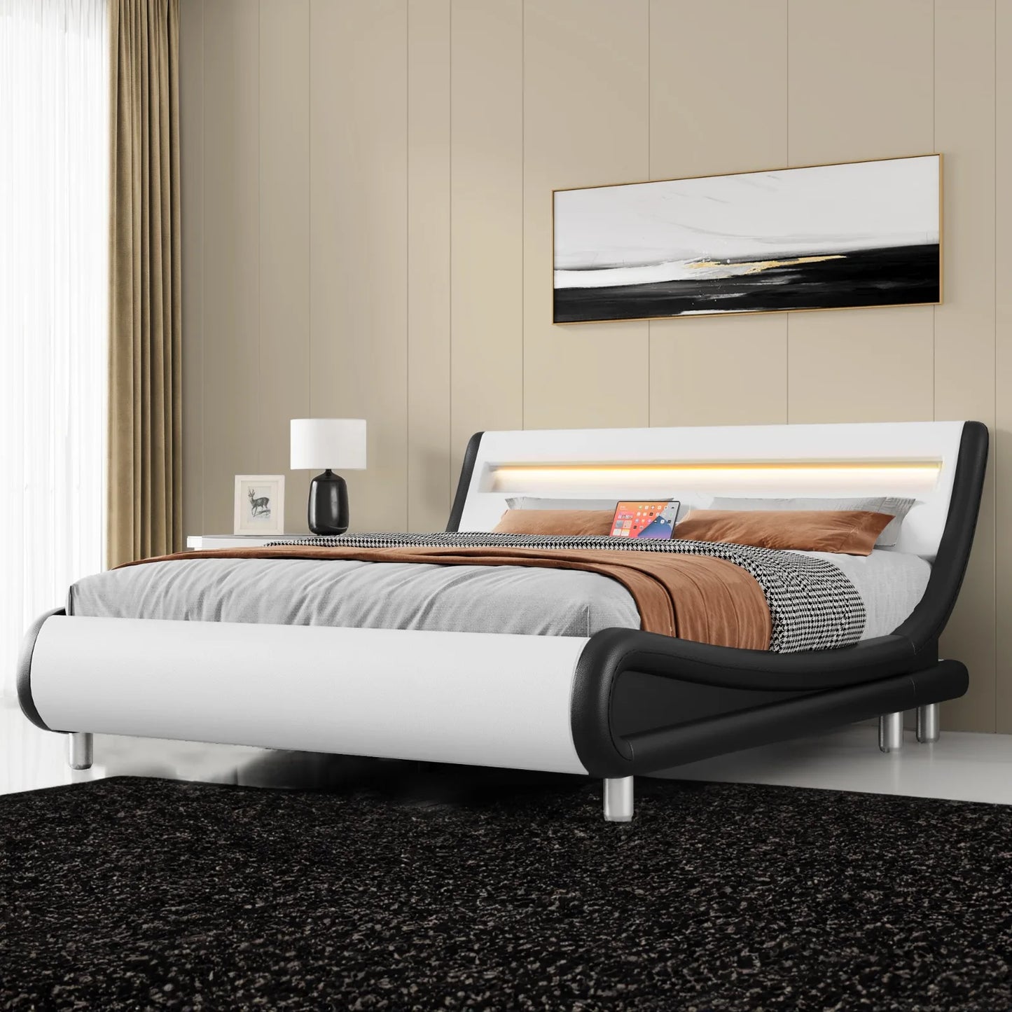 Bed Frame, Led Upholstered Platform w/ Adjustable Headboard.