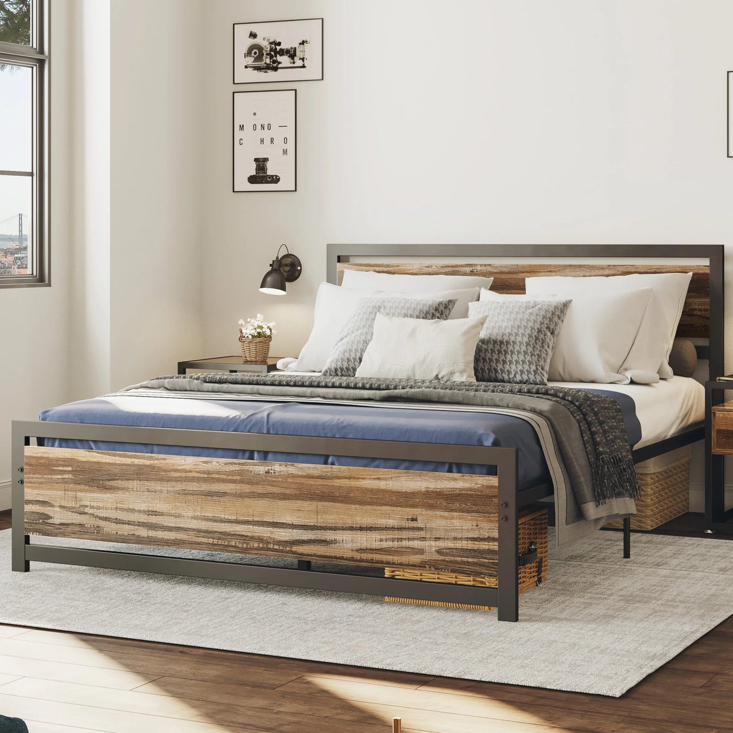 Queen Bed Frame W/Rustic Brown Headboard & Footboard.