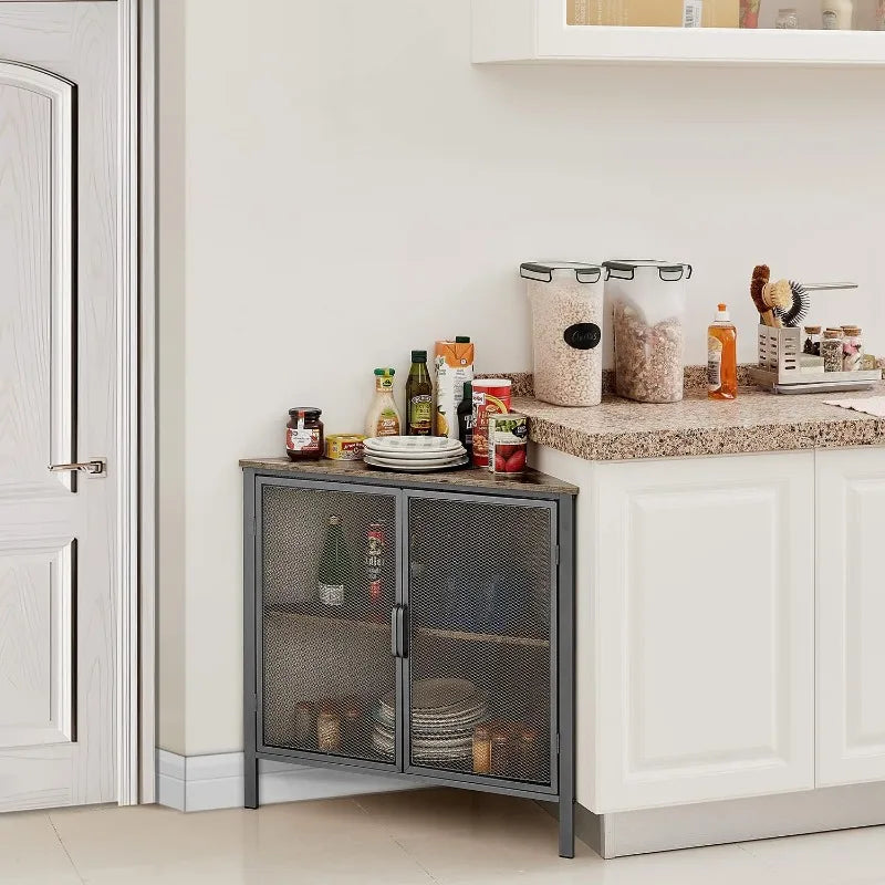 Corner Cabinet/Table, 3-Tier Metal/Wood Shelves with Door.