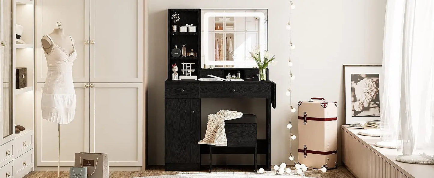 Vanity Desk with Drawers & LED Lighted Mirror & Power Outlet & Cabinet, Storage Stool, Stylish Bedroom Makeup Table