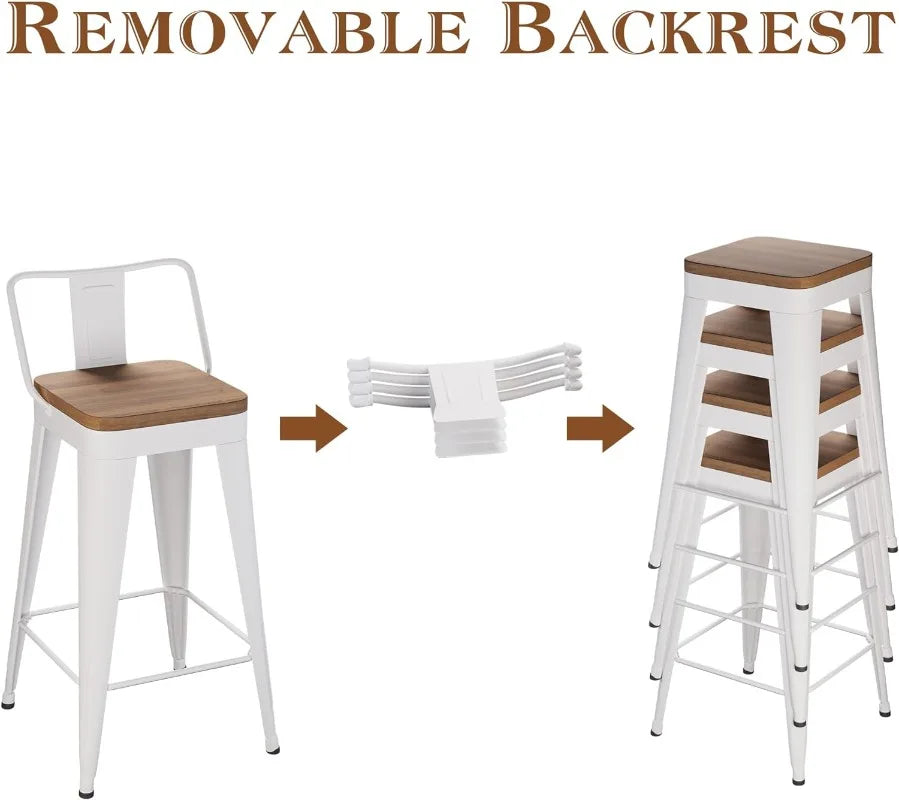 4 - Metal Counter Height Bar Stools, Wooden Seat.