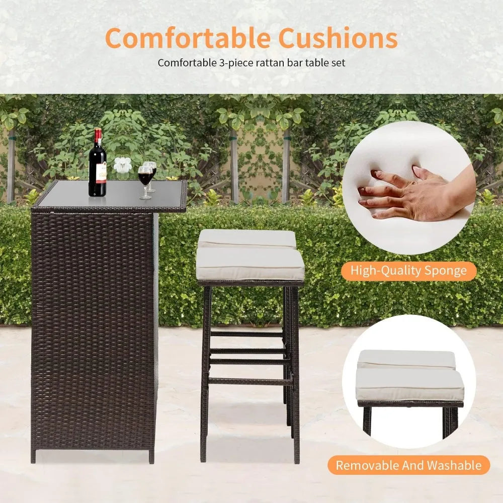 3PCS Patio Bar Set Outdoor Wicker Bistro Set w/ Two Stools