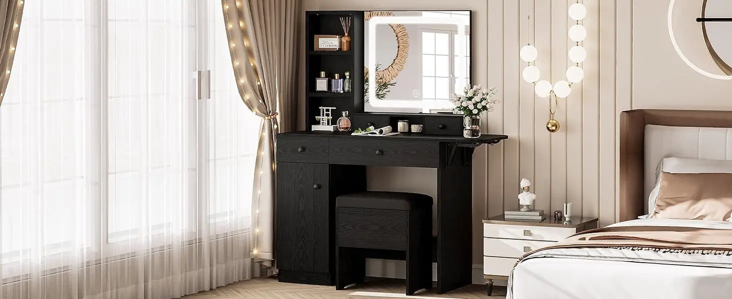 Vanity Desk with Drawers & LED Lighted Mirror & Power Outlet & Cabinet, Storage Stool, Stylish Bedroom Makeup Table