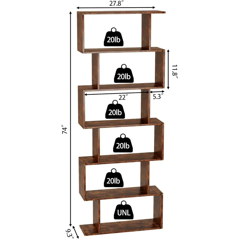 Geometric Bookshelf 6-Tier S Shaped