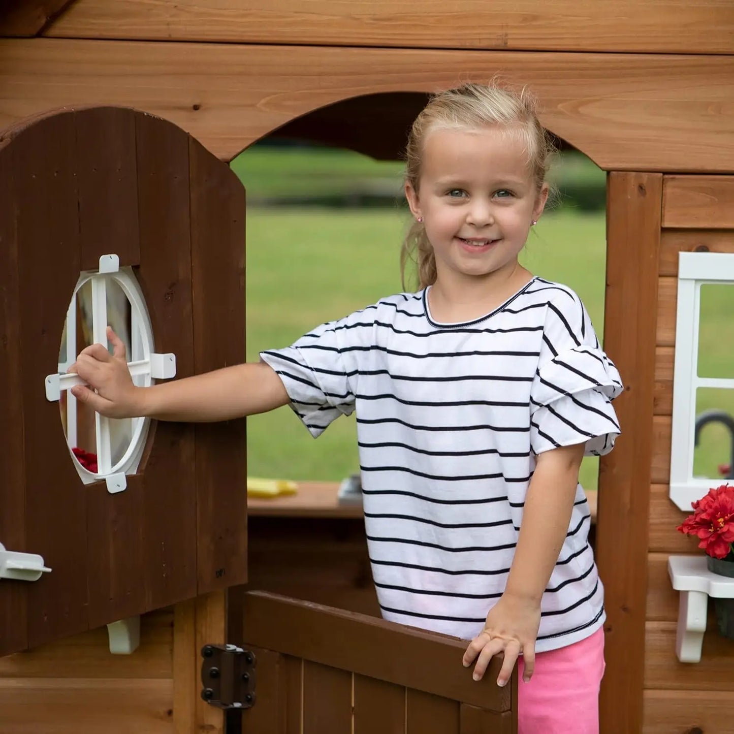 Aspen All Cedar Wooden Playhouse with door, flowers +