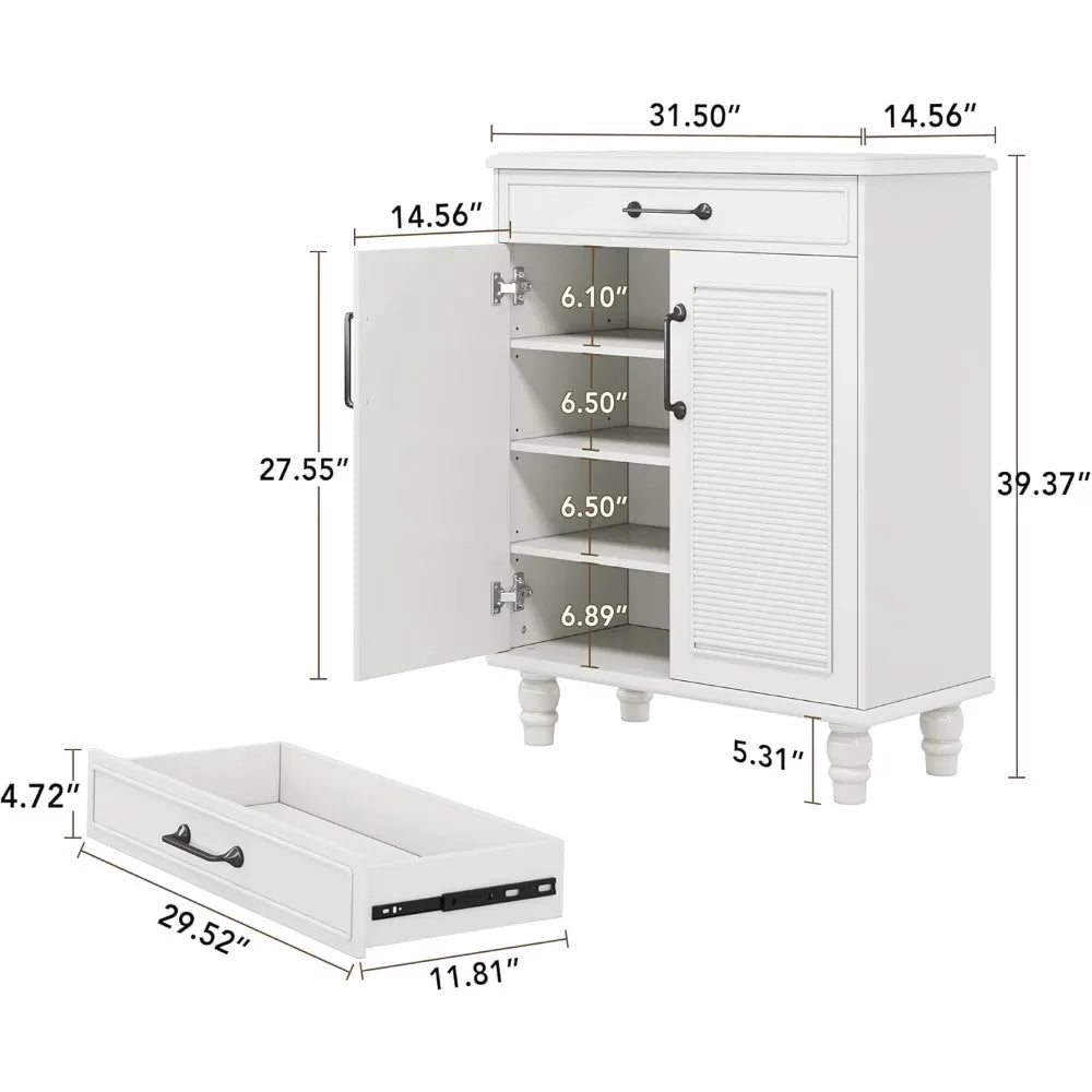 16 Pair Shoe Storage Cabinet w/4 Adjustable Shelves &1Large Drawer.