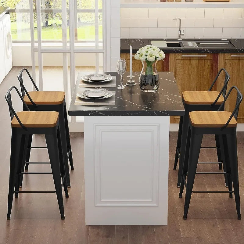 4 - Metal Counter Height Bar Stools, Wooden Seat.