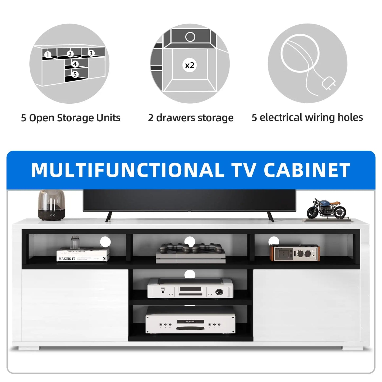 Modern TV Stand w/ LED Lights, Storage Cabinet -70 inch.