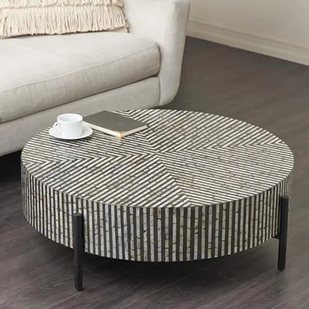 Modern Geometric Mother of Pearl Coffee Table, Round.