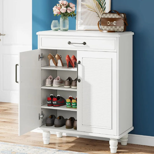 16 Pair Shoe Storage Cabinet w/4 Adjustable Shelves &1Large Drawer.