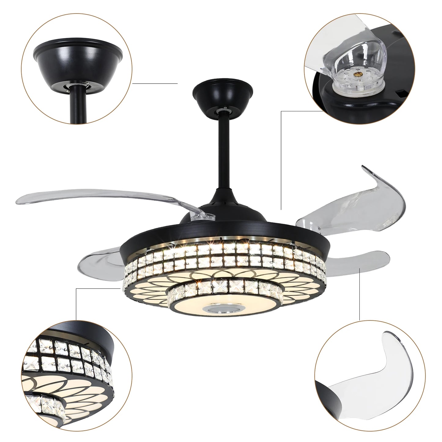 42" Retractable Ceiling Fan w/ Light & Bluetooth Speaker Dimmable LED.