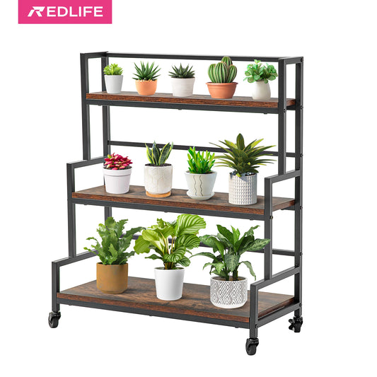 37'' Rustic Plant Stand, Rolling Flower Rack w/ Wood & Wheels.