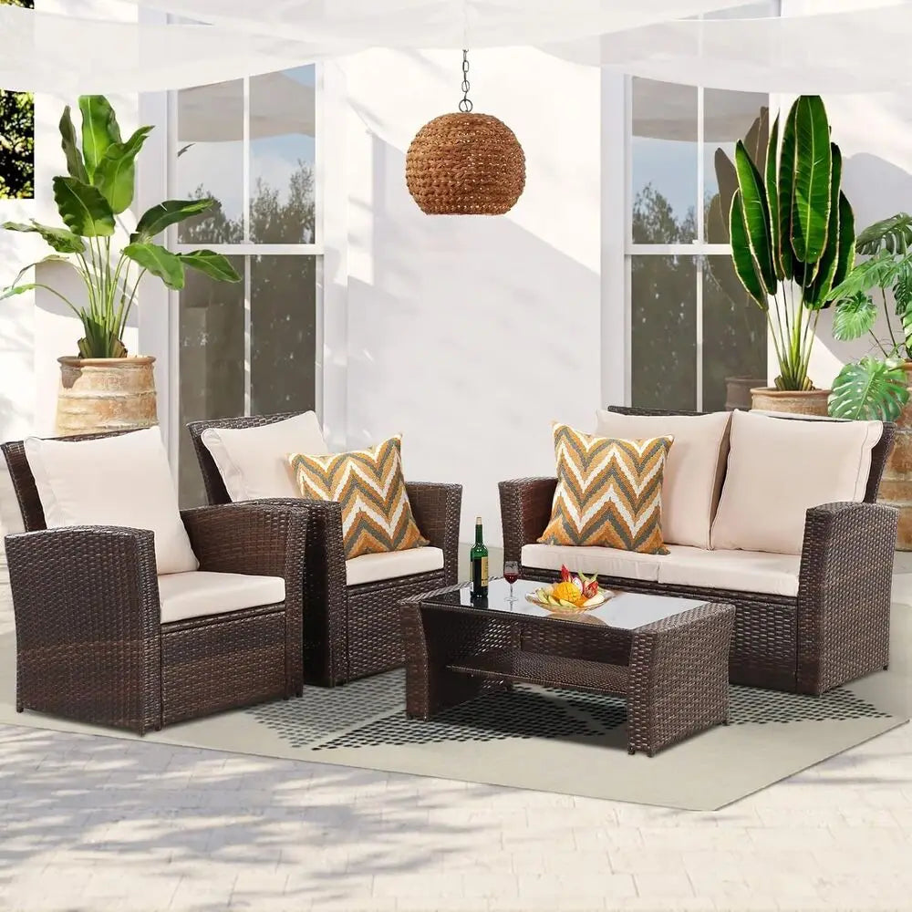 Patio Furniture Set Outdoor Wicker Sectional Sofa Chair w/ Cushion & Coffee Table