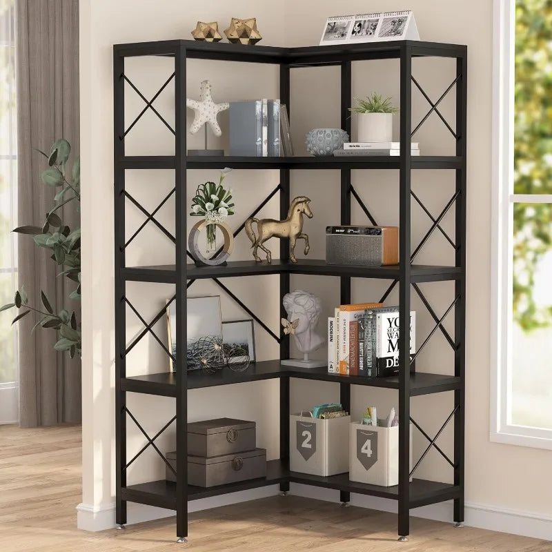 Modern Corner Bookcase, 5-Tier Metal Frame