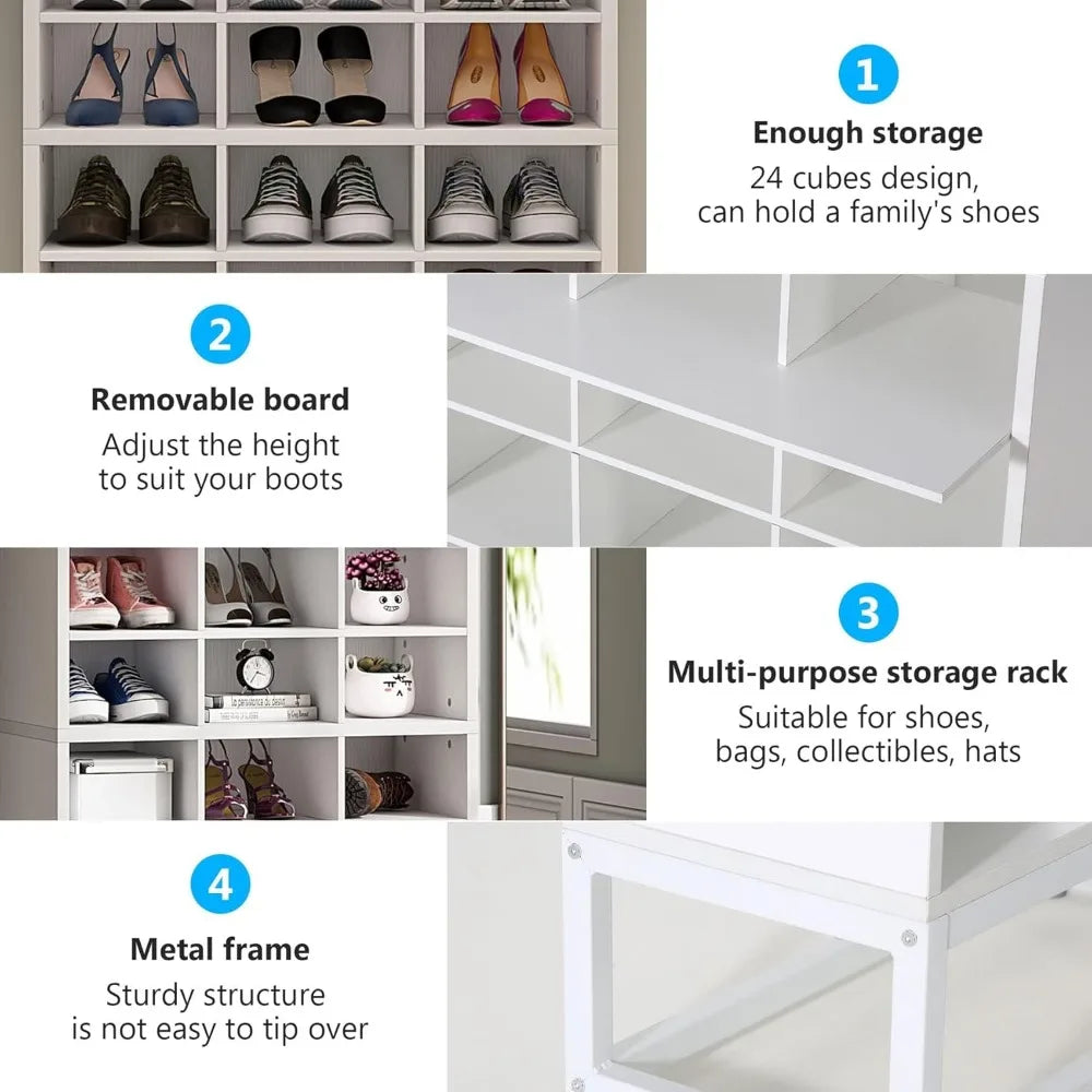 8-Tier Shoe Storage Cabinet, White Wooden Shoe Rack with 24 Cubbies, Adjustable Partition for Entryway, Closet,Living Room,White