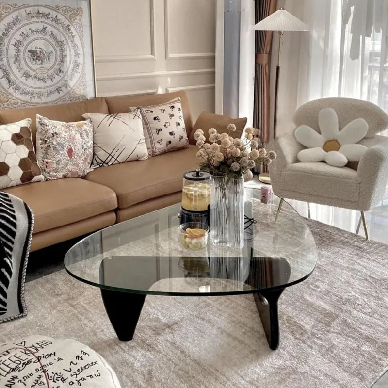 Triangle Glass Coffee Table w/Wooden Base, Mid-Century Modern.