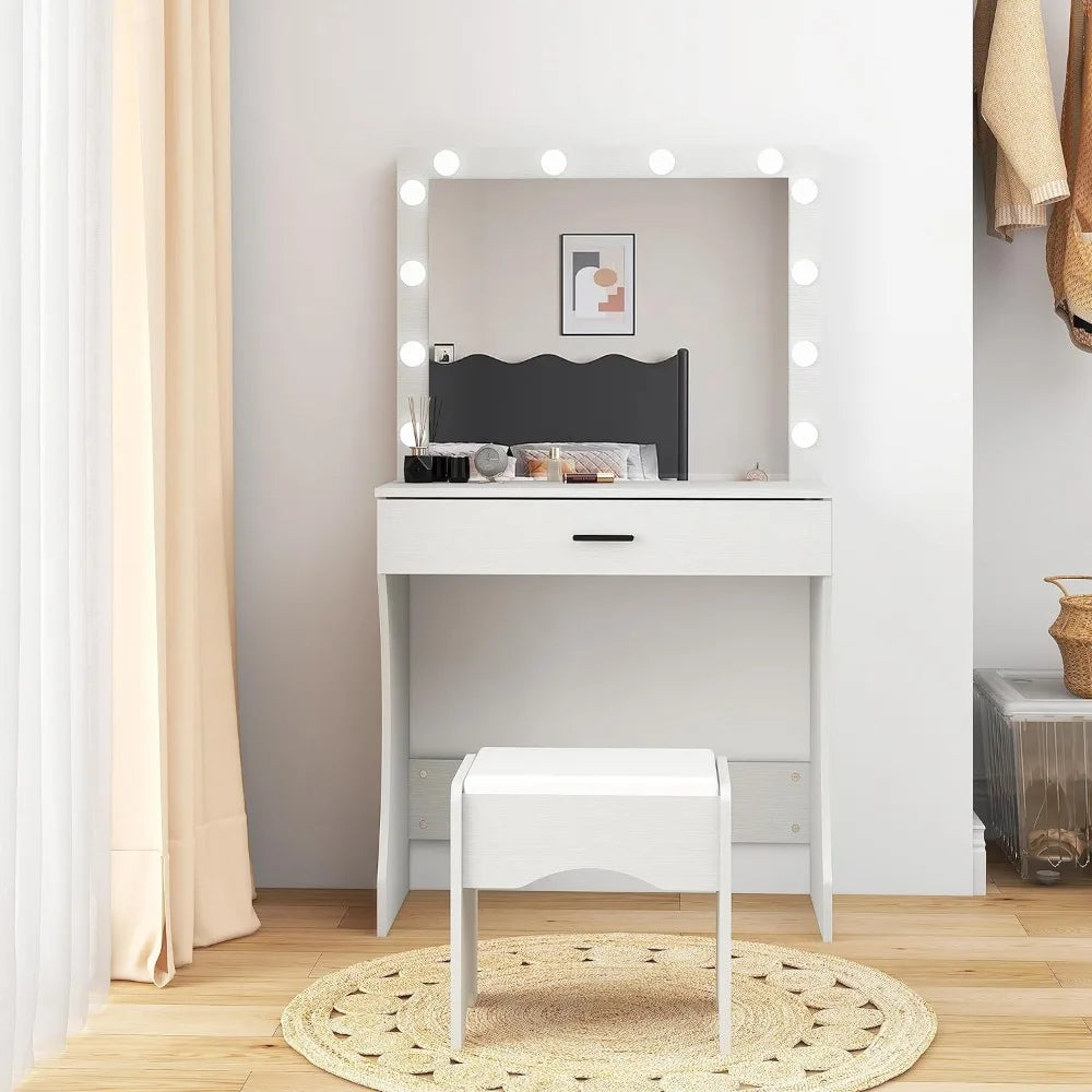 Vanity Desk with Mirror and Adjustable Lights & Makeup Table with Stool