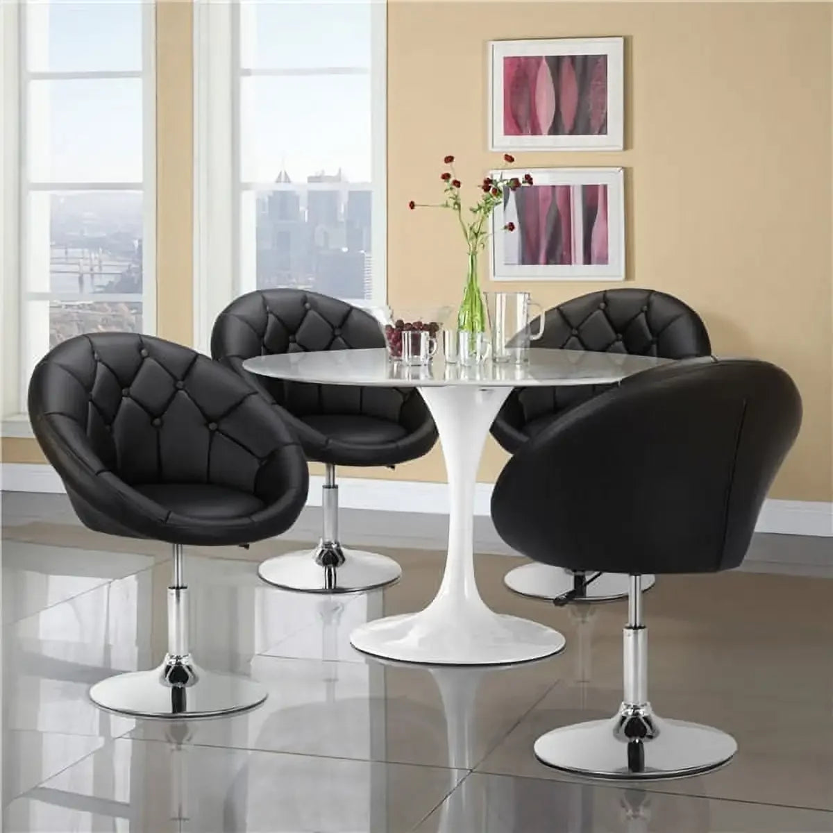 Modern Tufted Adjustable Barrel Swivel Chair, Black Faux Leather.