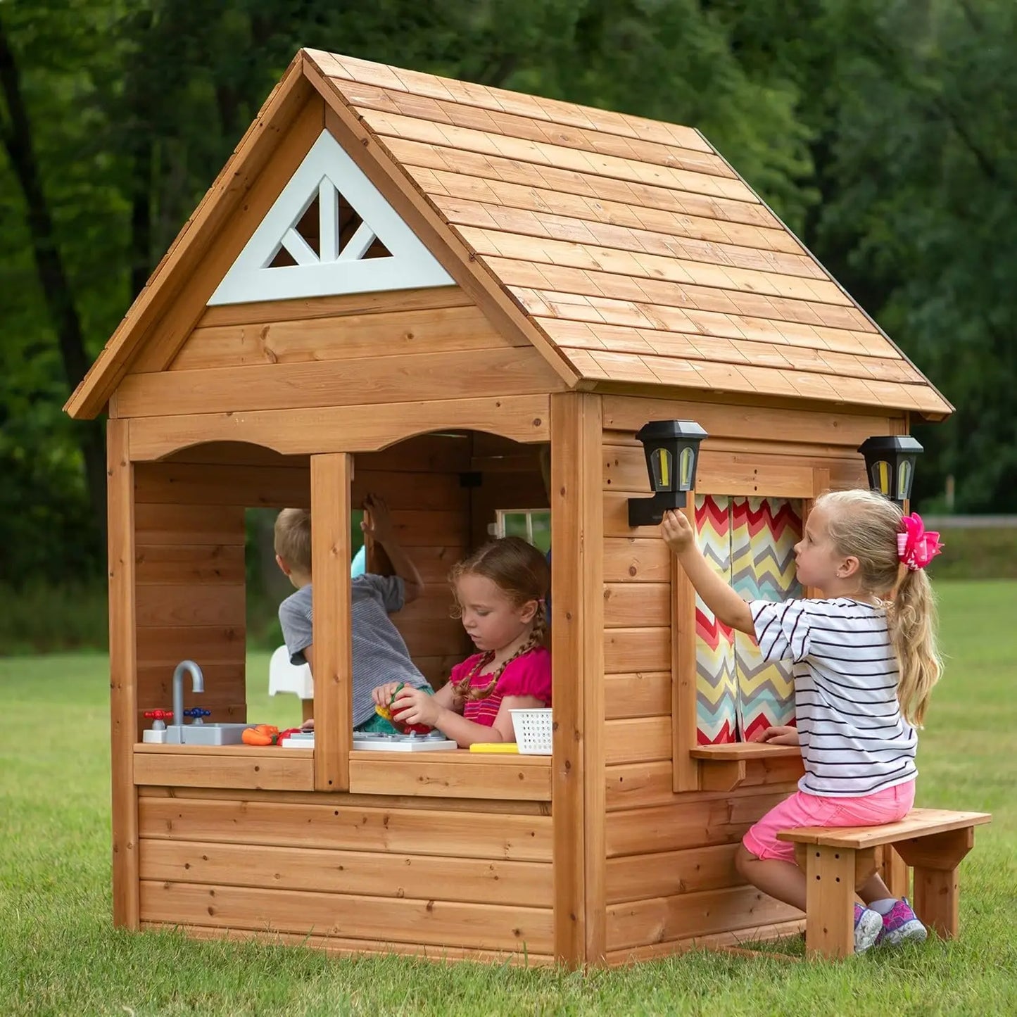 Aspen All Cedar Wooden Playhouse with door, flowers +