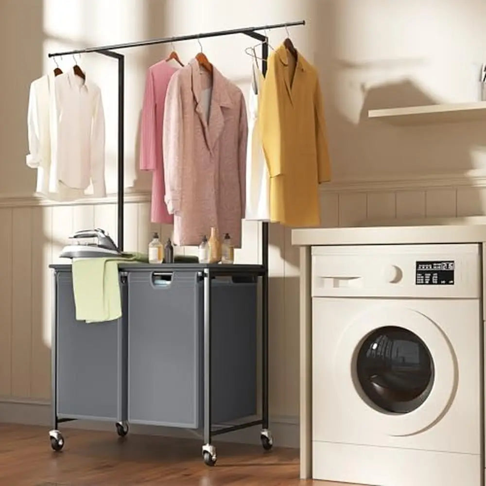 2-Section Laundry Sorter Cart, Hanging Bar, Ironing Board, Rolling Hamper.