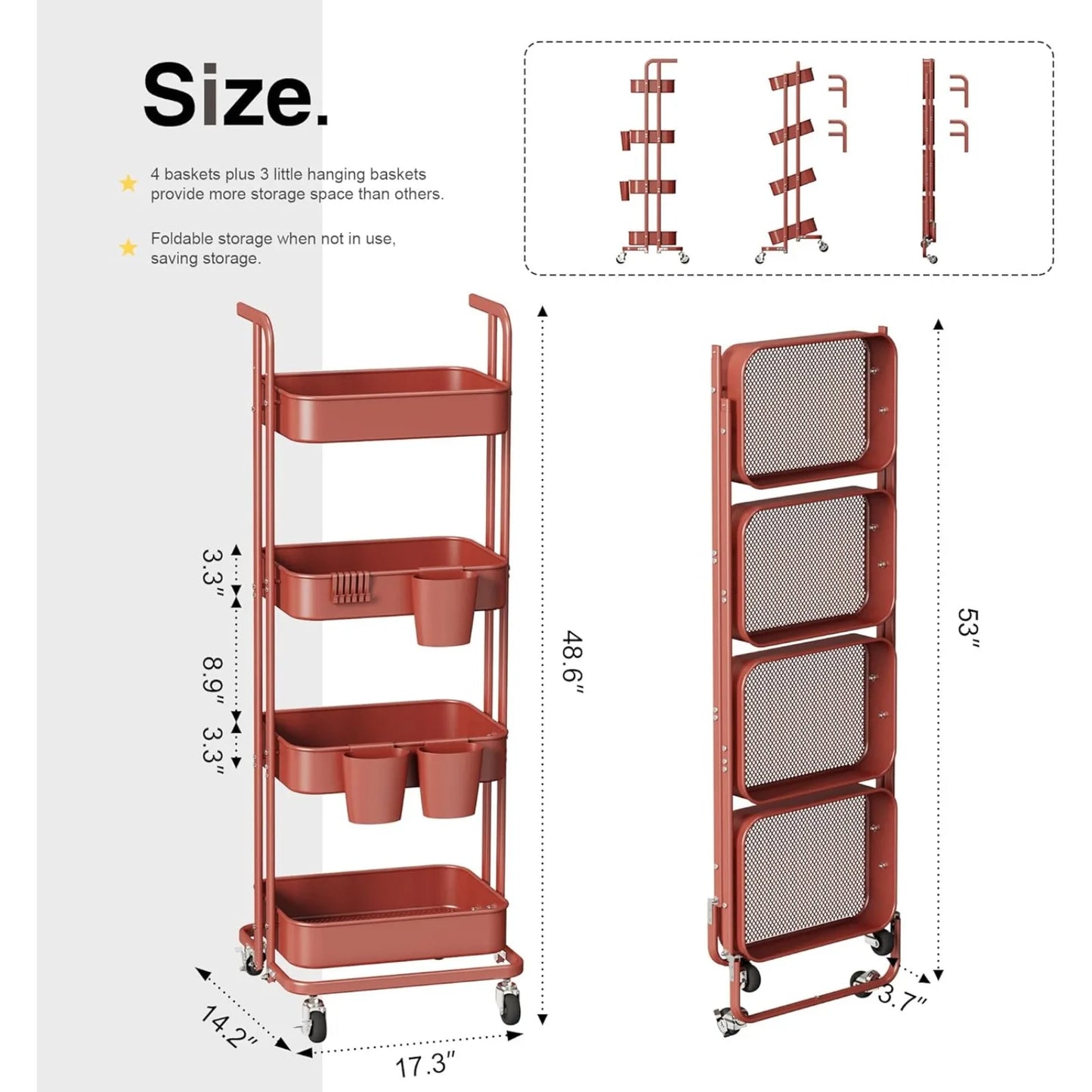 Metal Utility Cart with Wheels, 3 Hanging Cups & 6 Hooks.