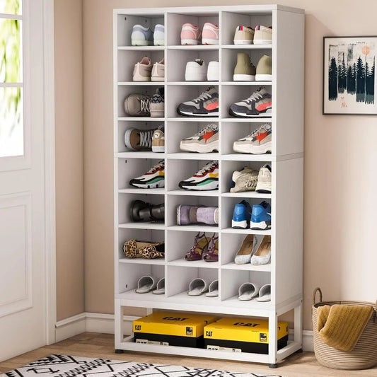 8-Tier Shoe Storage Cabinet, White Wooden Shoe Rack with 24 Cubbies, Adjustable Partition for Entryway, Closet,Living Room,White