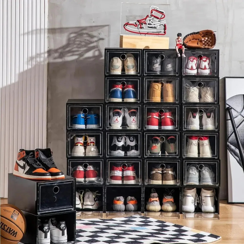 12 Pack Shoe Storage, Clear Plastic Stackable Front Organizer.