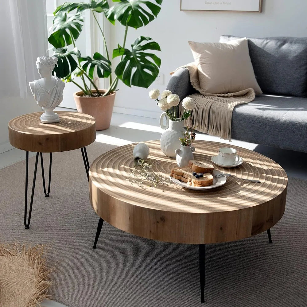 Modern Farmhouse LR Coffee Table Set, Handcrafted Wood Ring.