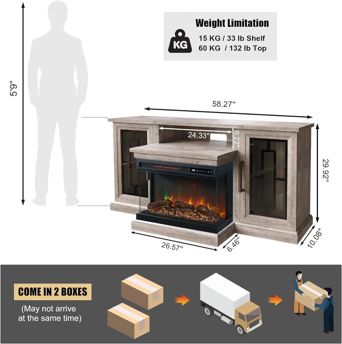 59 Inch LED TV Stand with 3-Side Glass Fireplace.,