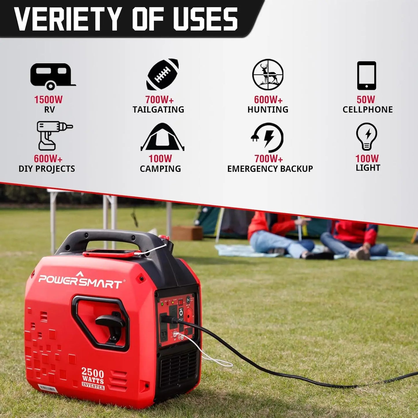 2500-Watt Gas Powered Portable Inverter Generator, Super Quiet.