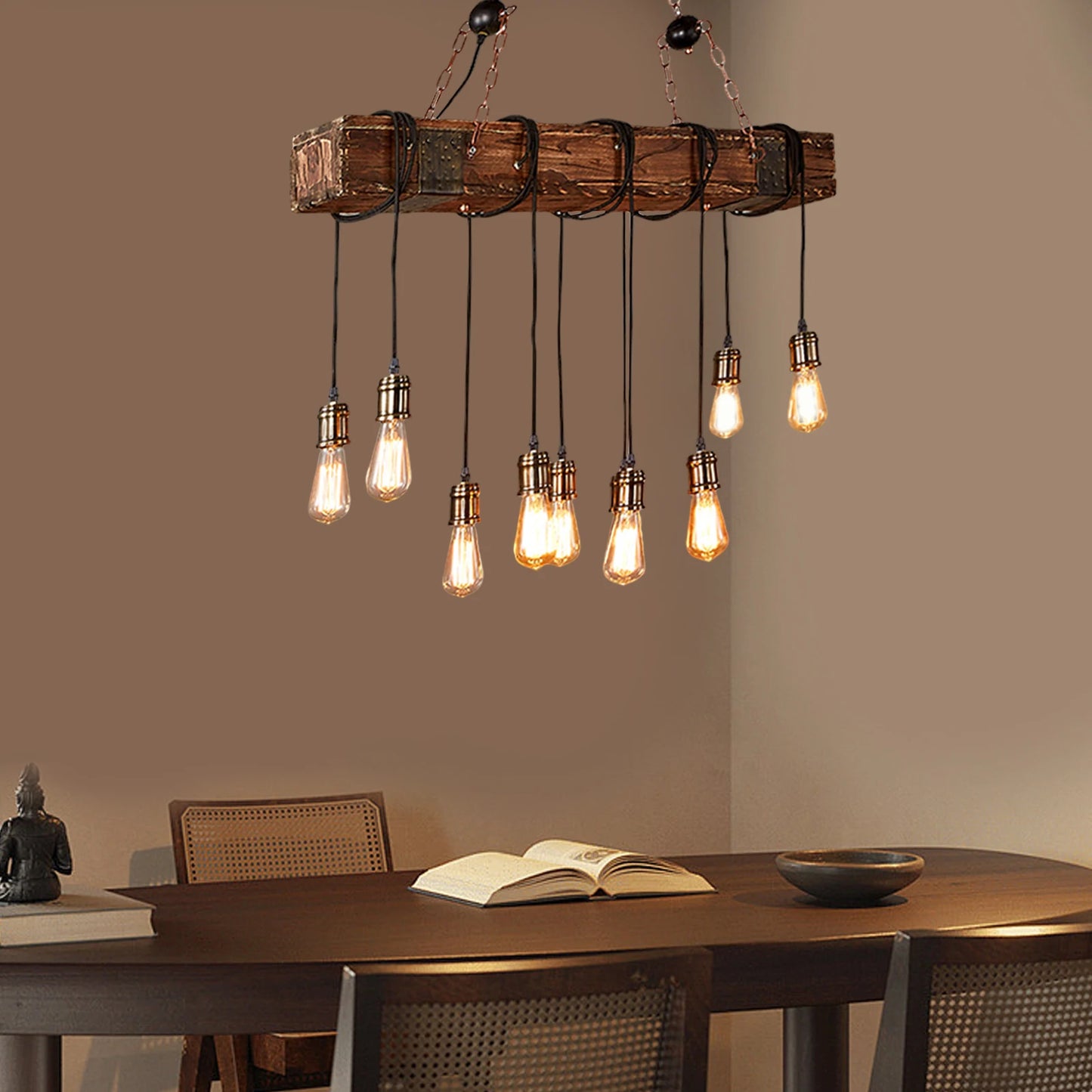 10-Lights Chandelier Wooden Retro Rustic Pendant Light