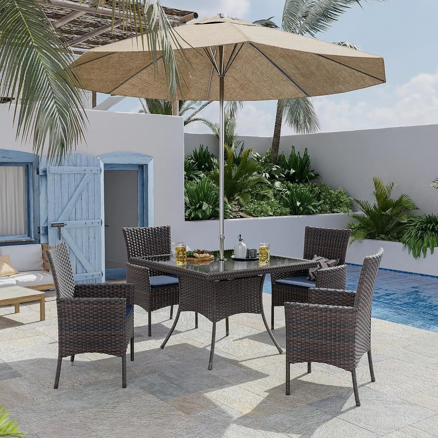 Indoor/Outdoor Dining Table w/ Tempered Glass, Cushions.