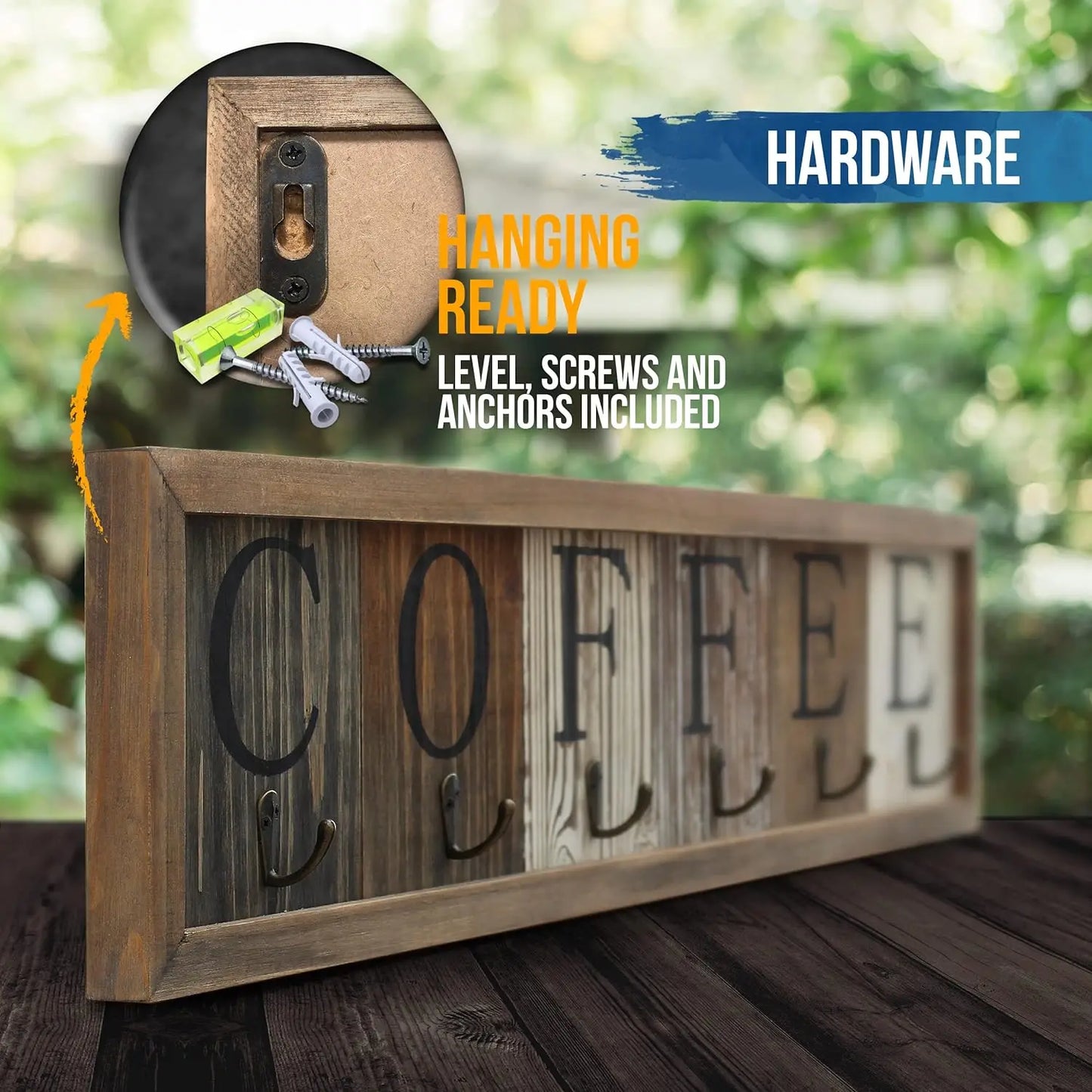 Printed Solid Wood Coffee Sign,6 Cup Hooks & Organizer.