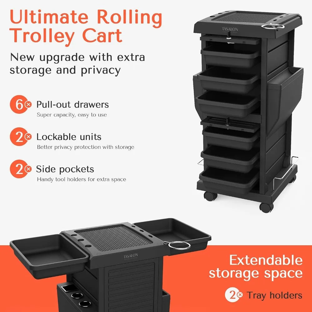 Organizer Cart With Wheels New Upgrade Lockable 6 Trays & 2 Tray Holders– Multipurpose Tool Cart Trolley Salon Furniture Beauty