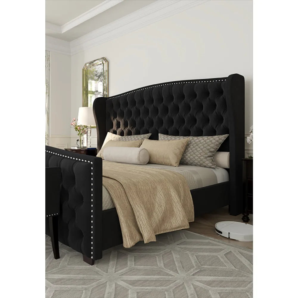 Chenille Upholstered Sleigh Bed w/ Scroll Wingback Headboard & Footboard/Button Tufted