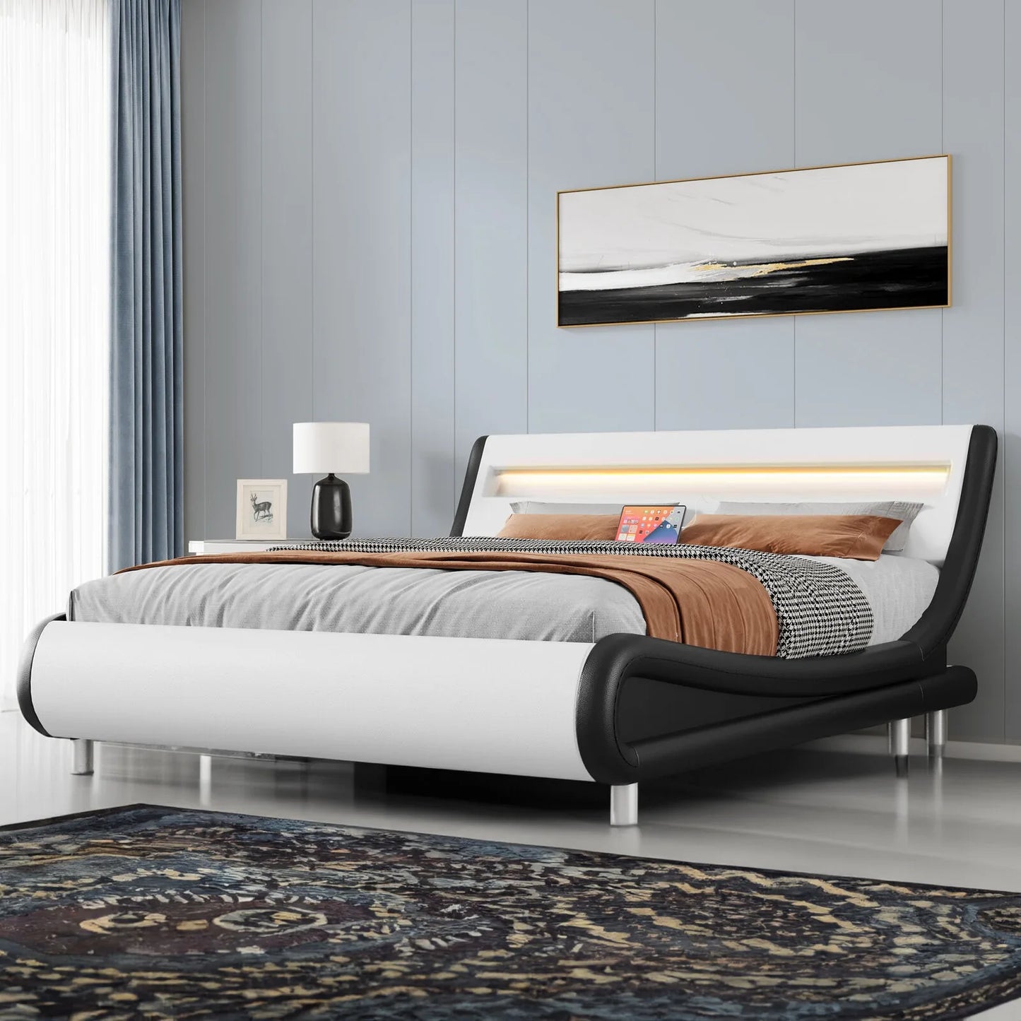 Bed Frame, Led Upholstered Platform w/ Adjustable Headboard.