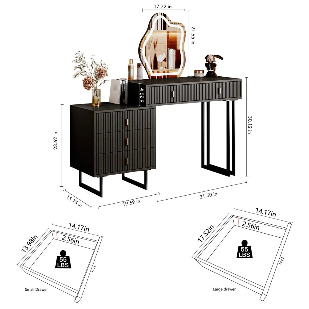 2024 New Modern Vanity Table, Retractable Makeup Dressing Table with Nightstand & Lighted Mirror