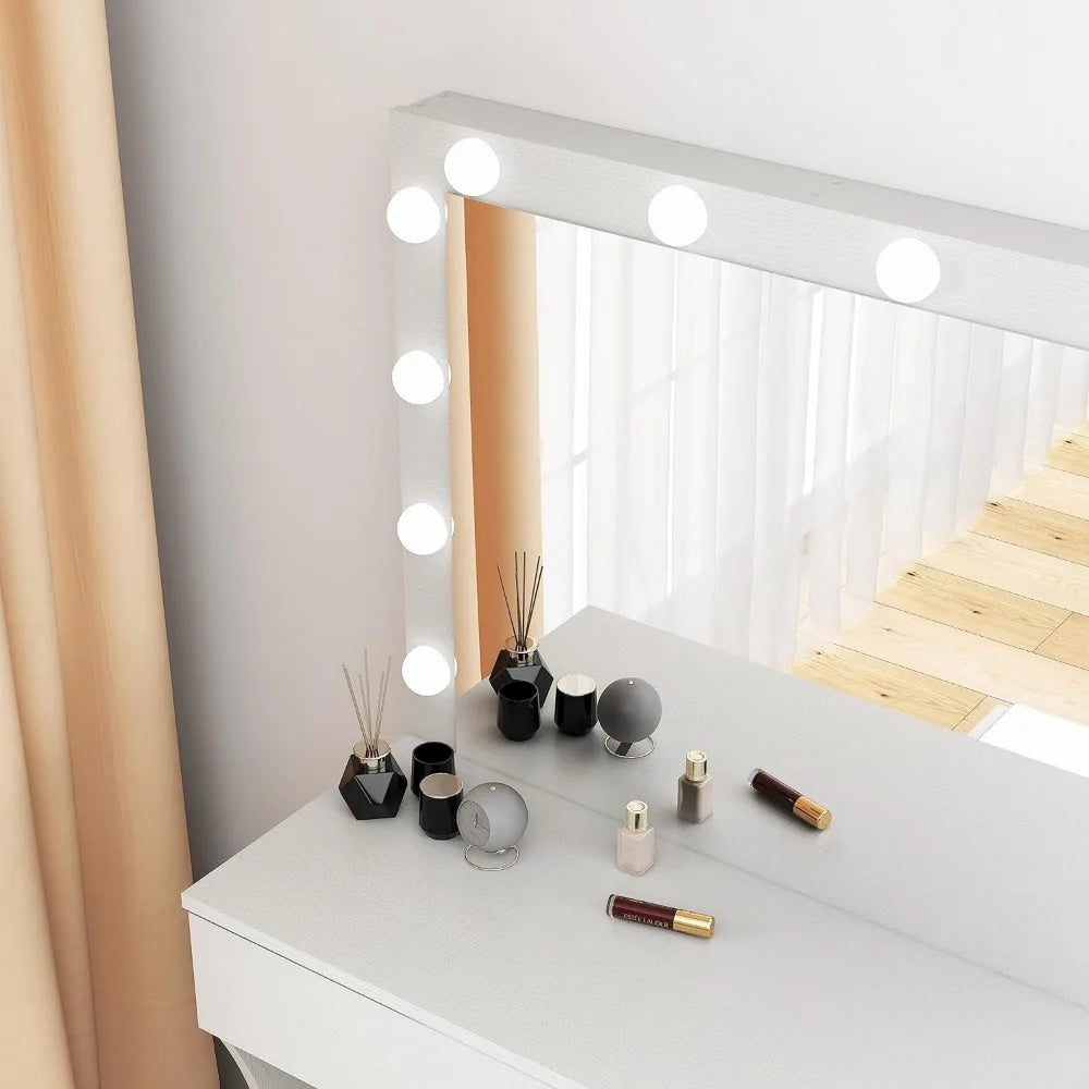 Vanity Desk with Mirror and Adjustable Lights & Makeup Table with Stool