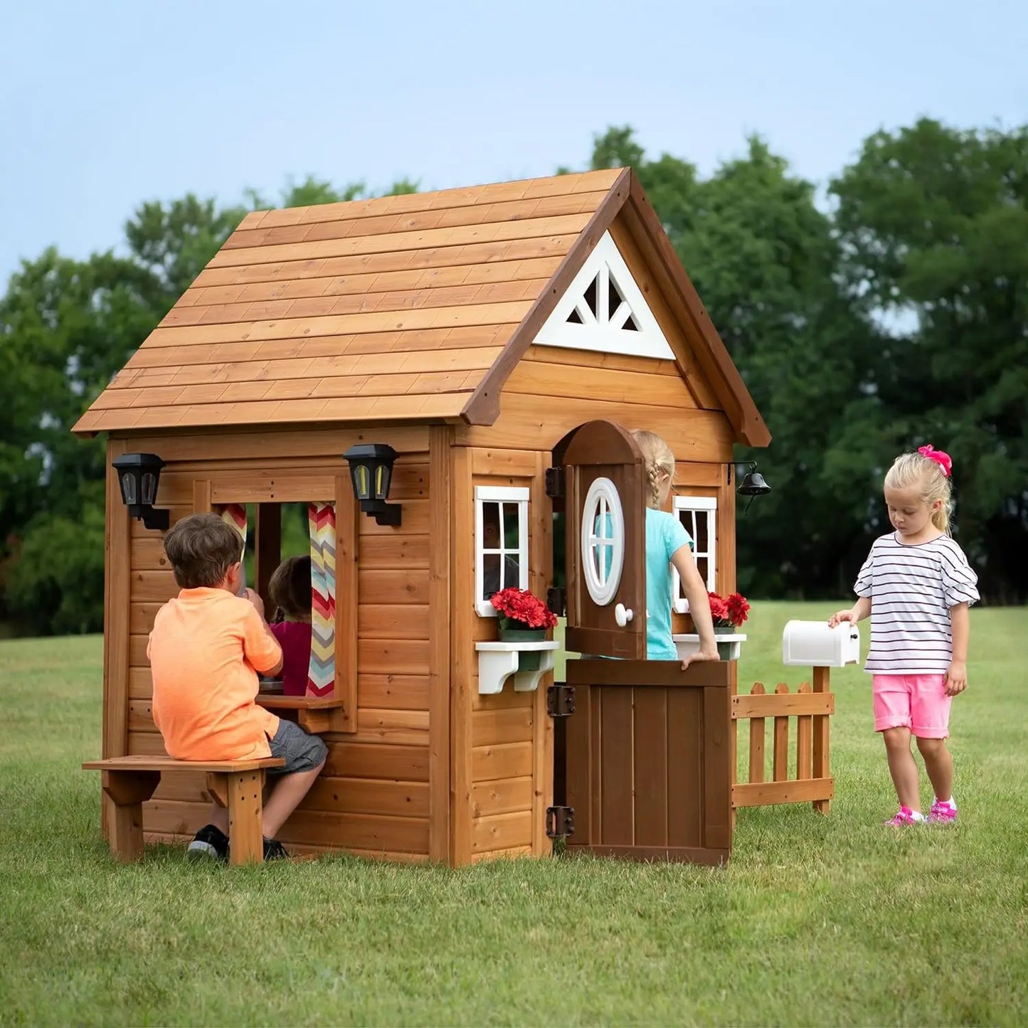 Aspen All Cedar Wooden Playhouse with door, flowers +