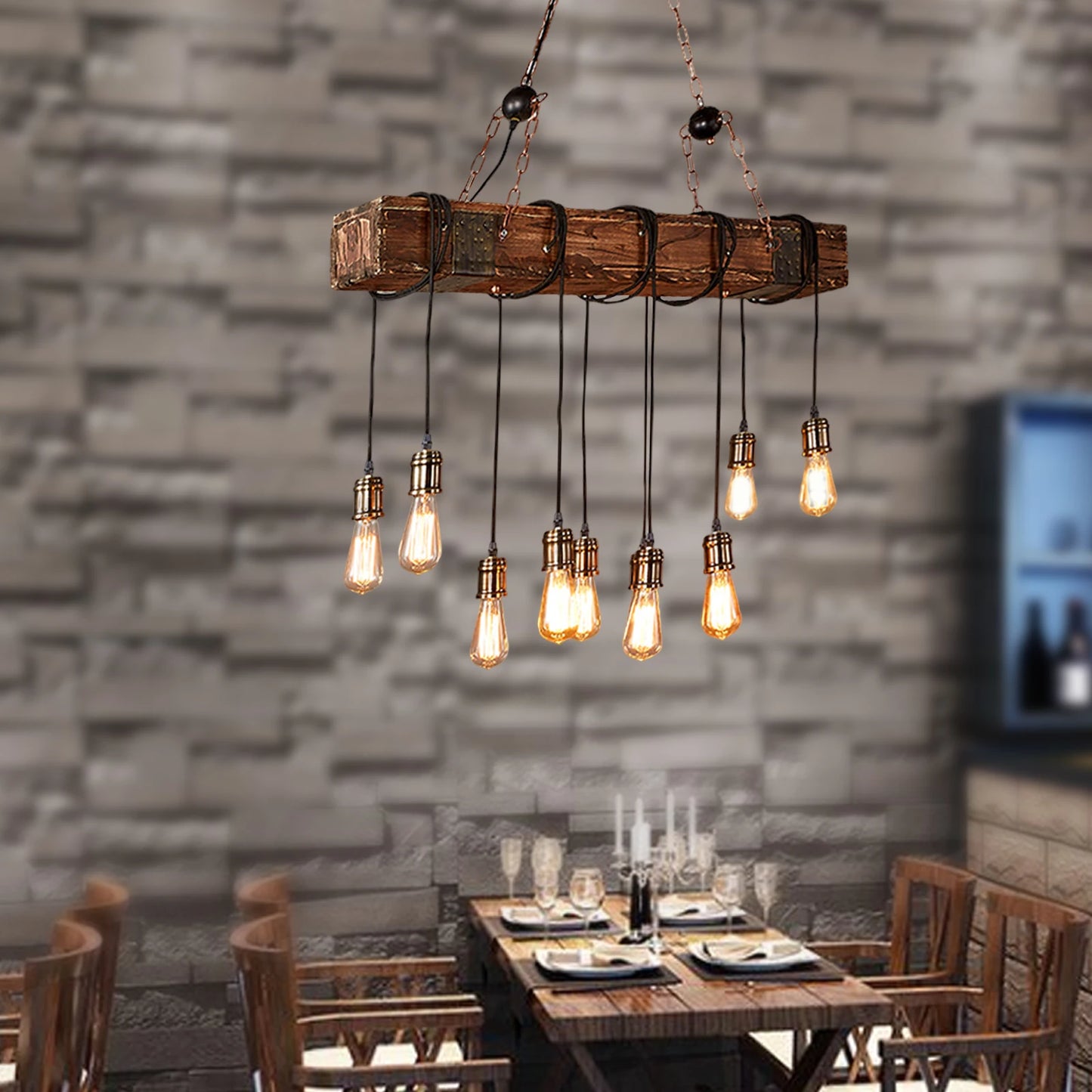 10-Lights Chandelier Wooden Retro Rustic Pendant Light