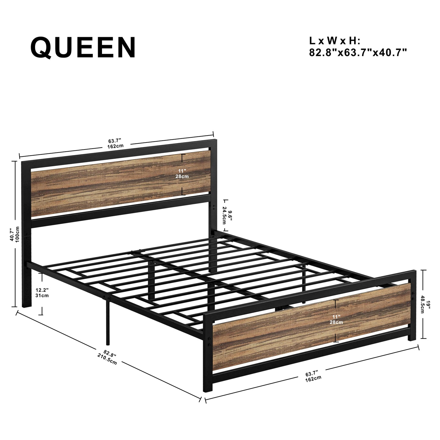 Queen Bed Frame W/Rustic Brown Headboard & Footboard.