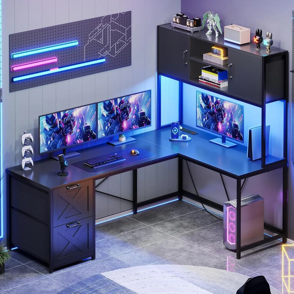 Corner Computer Desk, Reversible L Shaped, Gaming Desk w/Led Lights.