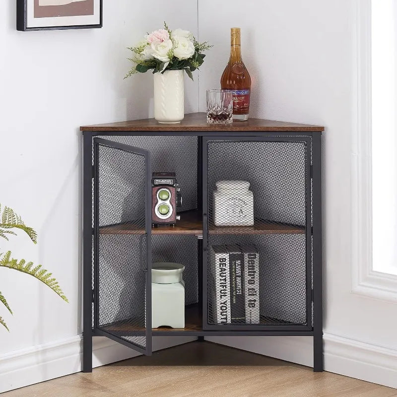 Corner Cabinet/Table, 3-Tier Metal/Wood Shelves with Door.