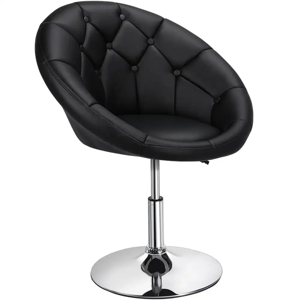 Modern Tufted Adjustable Barrel Swivel Chair, Black Faux Leather.