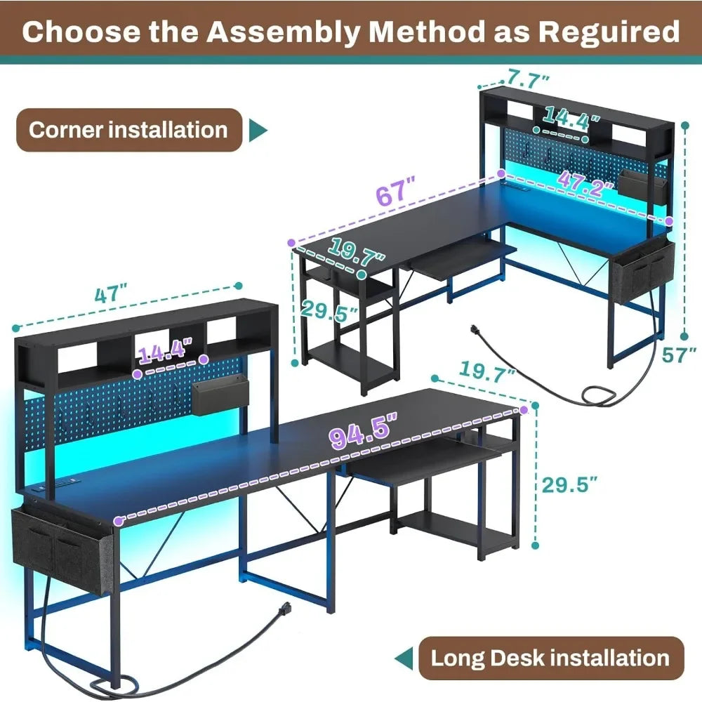 L-shaped game table, computer desk w/power, LED light +.