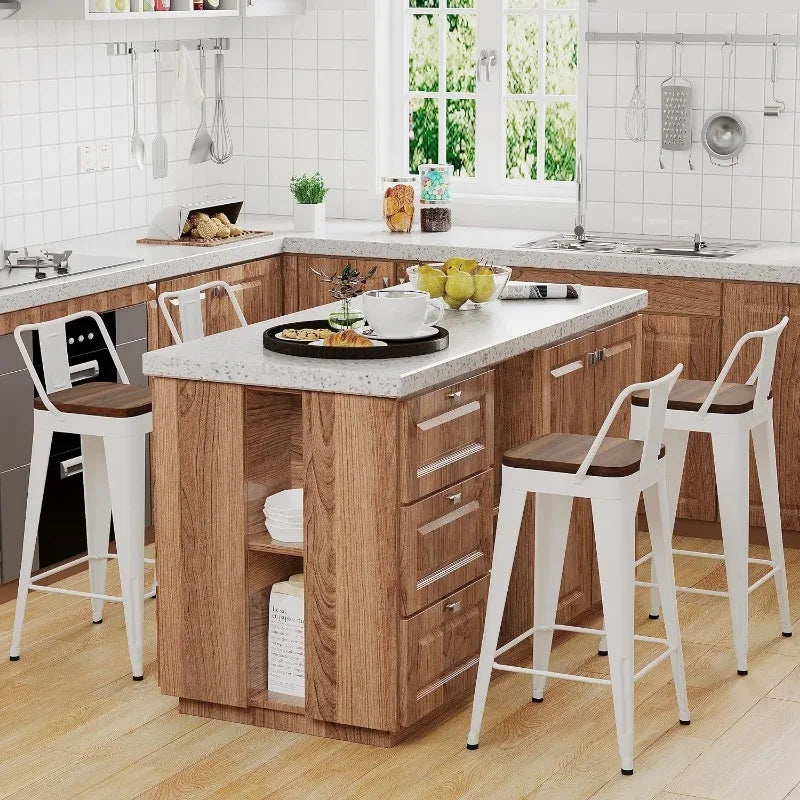 4 - Metal Counter Height Bar Stools, Wooden Seat.