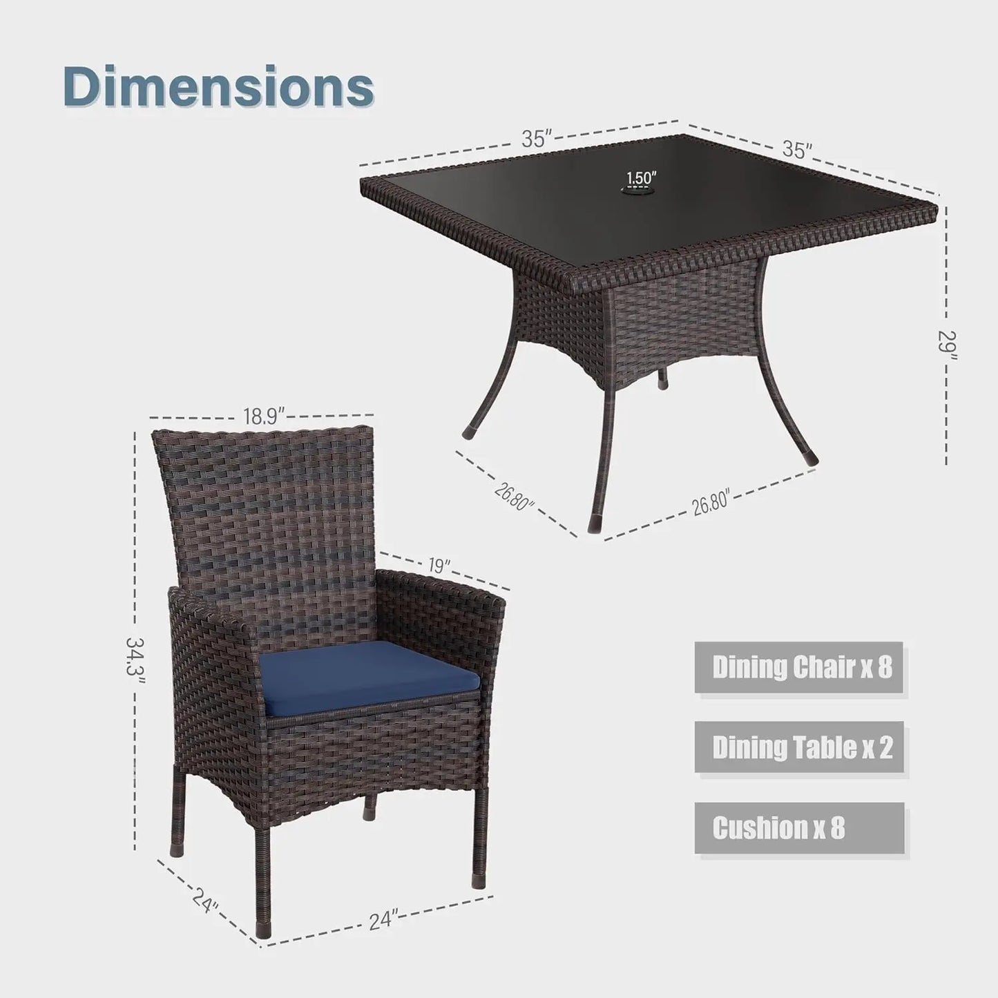 Indoor/Outdoor Dining Table w/ Tempered Glass, Cushions.