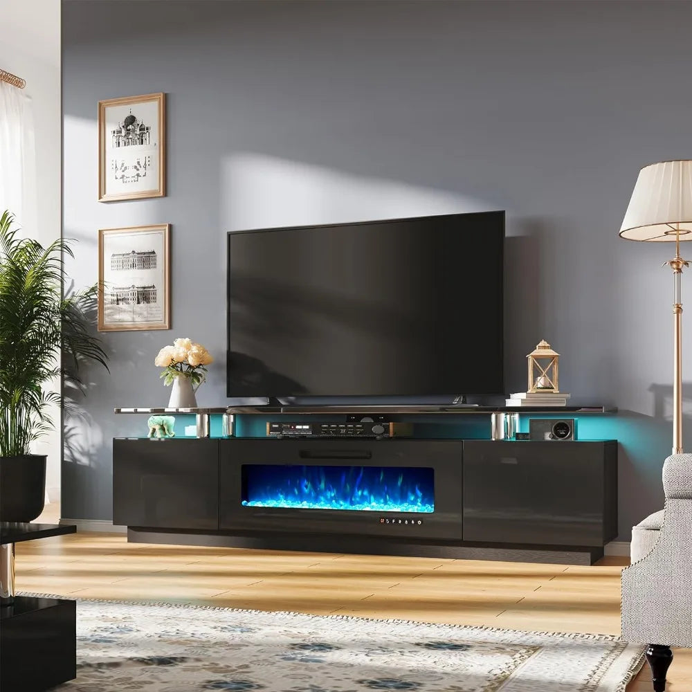 TV Stand with Fireplace Modern High Gloss w/LED Lights.